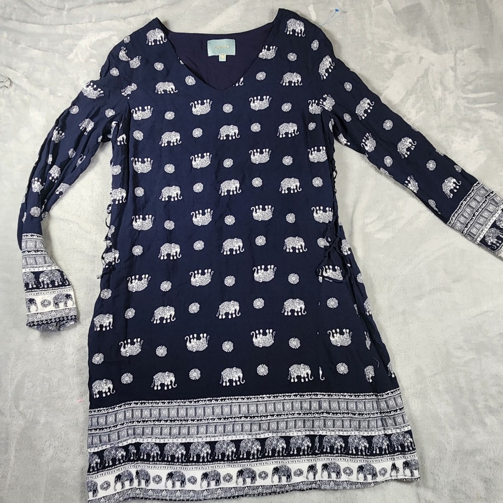 Skies Are Blue Dress Blueβ Elephant Print Tunic Boho Ruched Sides Long Sleeve M
